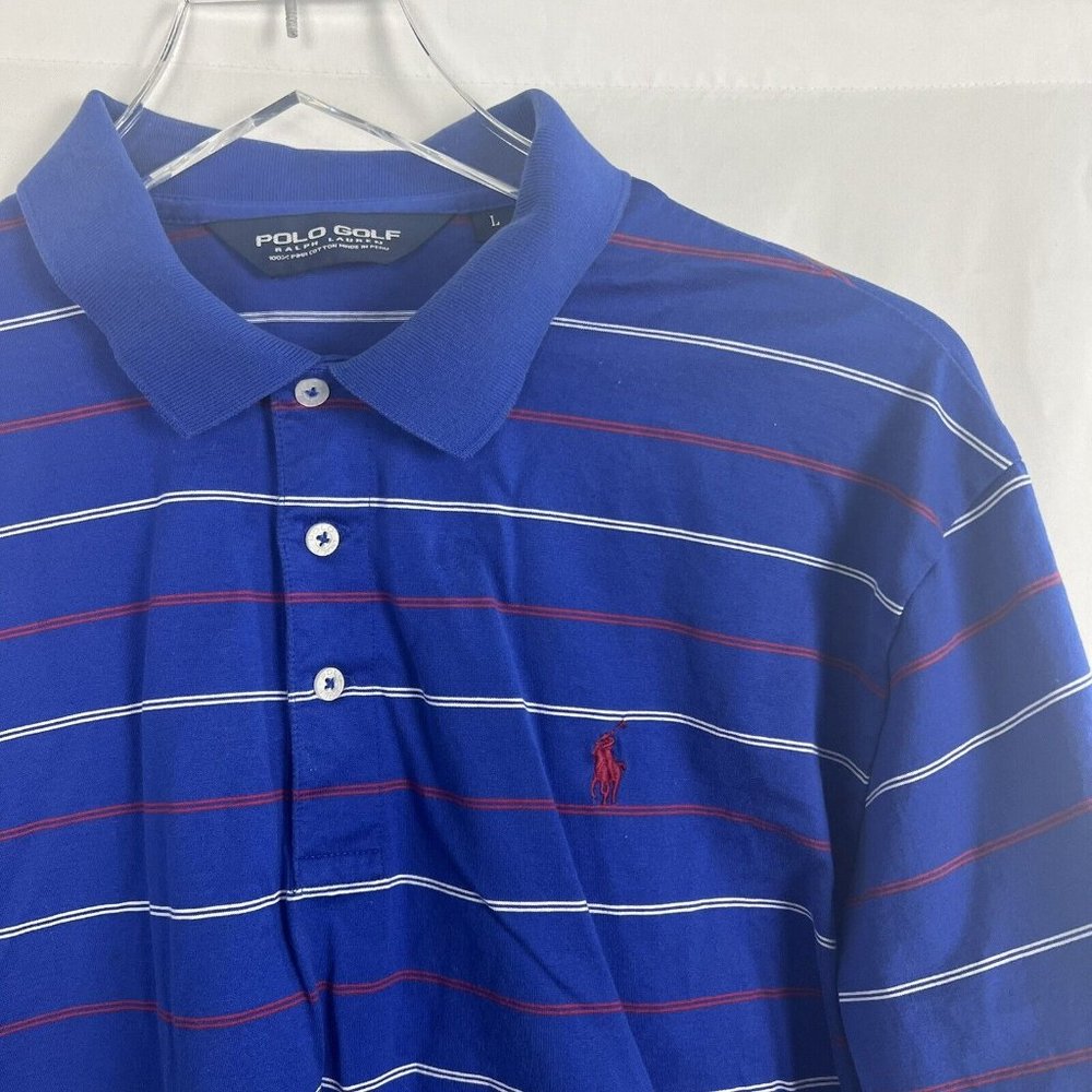 Ralph Lauren Polo Golf Shirt Adult Large Blue Stripe Red Pony Pima Cotton Men